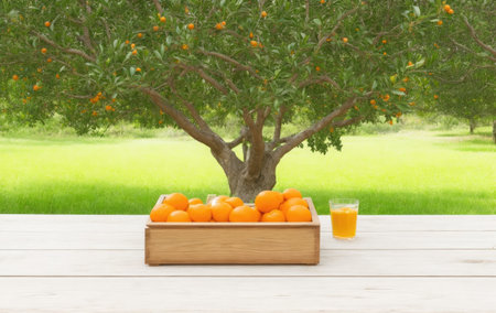 Box of oranges and a glass of orange juiceの素材