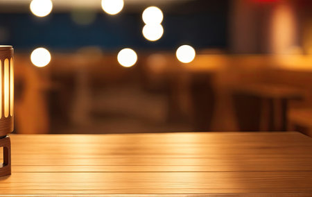 Blank wooden background on a blurred cafeの素材