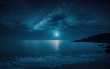 Night sky against the backdrop of a calm seaの素材