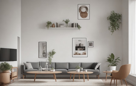 Minimalistic interior in the form of a sofa, tables and chairs against the background of a light wallの素材