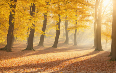 Beautiful autumn landscape with yellow trees and sun. Colorful foliage in the parkの素材