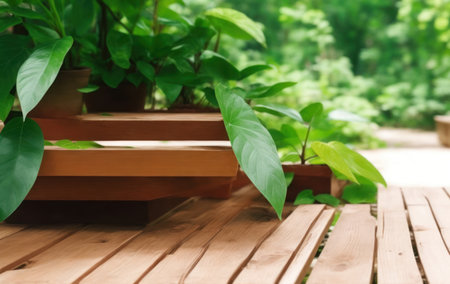 Green plants in pots on a wooden palletの素材
