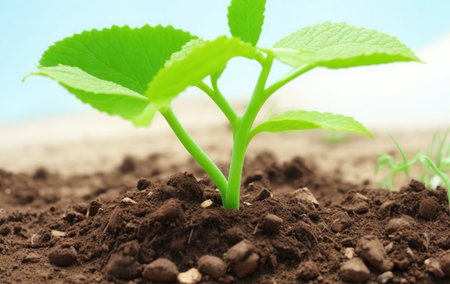 Young green plant growing on the soil, close-upの素材