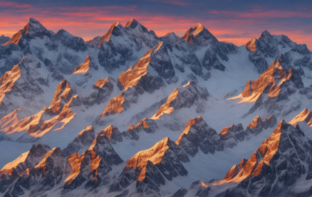 Snow-capped mountain peaks illuminated by the sunの素材