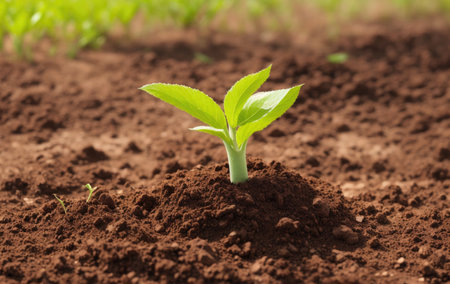 A small green sprout sticking out of the soilの素材