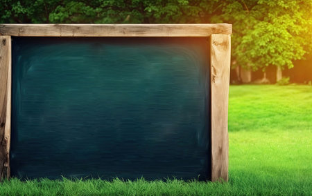 Clean, black, blackboard on a green background of grass and treesの素材