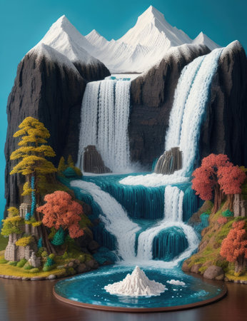 Picturesque 3D landscape of a waterfall flowing down from the mountainsの素材