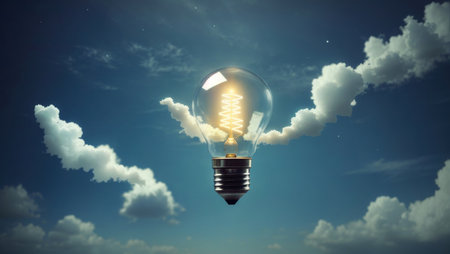 Luminous lamp on the background of blue sky and cloudsの素材