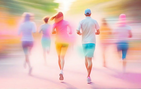 Running people on a light blurred backgroundの素材