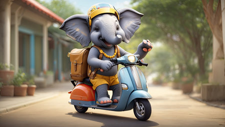Elephant riding a scooter, delivery serviceの素材