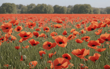 Blooming poppy close-up against the background of treesの素材