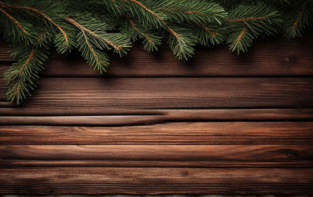 Christmas tree branch on a brown wooden backgroundの素材