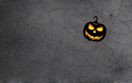 Halloween pumpkin on a gray background with cobwebs with free space for textの素材