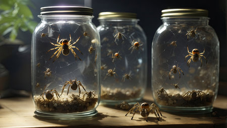 Spiders in glass jars with closed lidsの素材