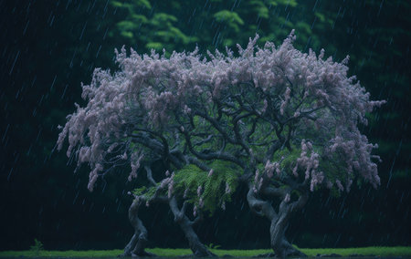 A lonely tree in the rain on a dark backgroundの素材