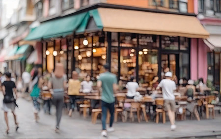 Walking people against the backdrop of a street establishment, a cafの素材