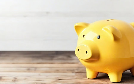 Yellow piggy bank on the table, on a light backgroundの素材