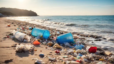 The garbage was washed up by the sea onto the sandy shore.の素材