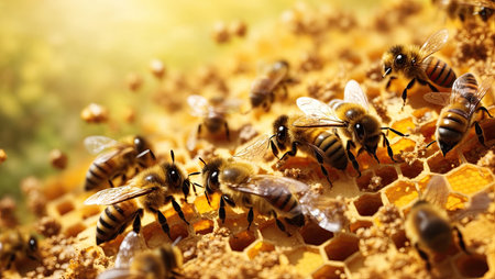 Bees in hives working on honeycombs. Close-up. Place for text.の素材