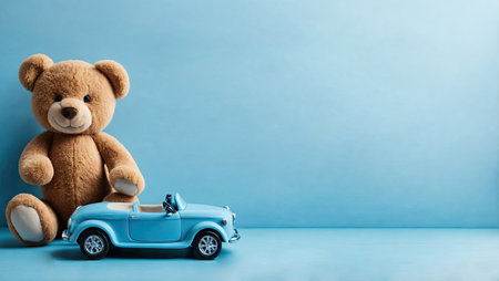 Small car and teddy bear on a blue background. Place for text.の素材