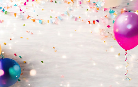 Festive balloons and confetti on a light background. Place for text.の素材