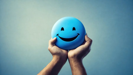 Blue smiley face in hands close-up on a clean background.の素材