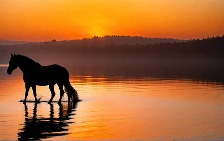 Black silhouette of a horse standing in the water against a sunset background. Place for text.の素材