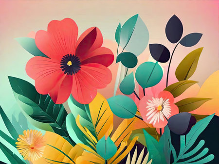 Flowers with green leaves in vector style.の素材