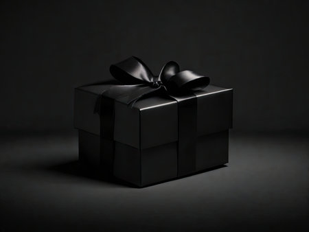 Festive black, single gift close-up on a dark background.の素材