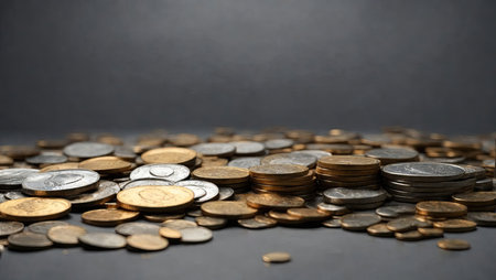 Money, coins on a dark gray background. Place for text.の素材