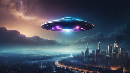 A spaceship hovering over a modern city at nightの素材