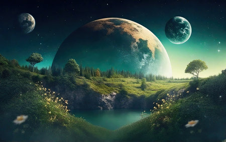 Beautiful, living nature against the background of the sky with other planets and starsの素材