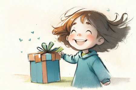 Drawing of a happy, little girl receiving a giftの素材