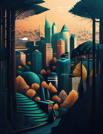 Illustration of a modern city among treesの素材