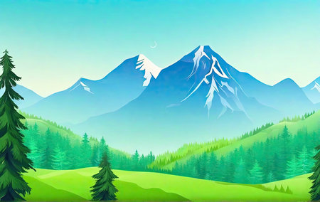 A green forest at the foot of the mountains. Illustrationの素材