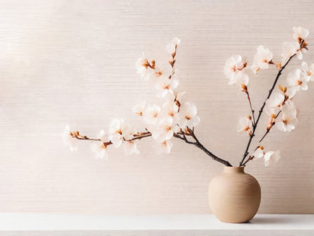 Ceramic vase with blooming branches on table near beige wallの素材
