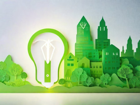 Green light bulb and city on light background. Illustrationの素材