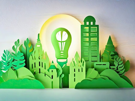 Illustration of a green light bulb and a city on a clean, light backgroundの素材
