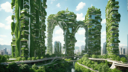 Multi-storey buildings covered with greeneryの素材