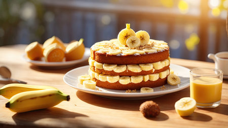 Banana cake on the table illuminated by sunlightの素材