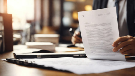 A man reading a document. The background is blurred. Space for textの素材