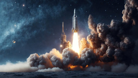 New Ship flies to another planet. Spaceship takes off into the starry sky. Rocket starts into space. Conceptの素材