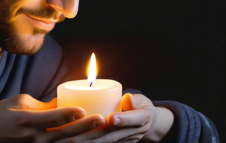 A man holding a burning candle in the darkの素材