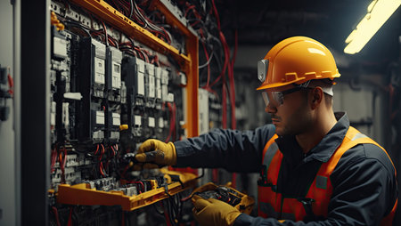 Male electrician doing repair work on an electrical panelの素材