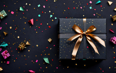 Dark gift and scattered candy on dark background. Space for textの素材