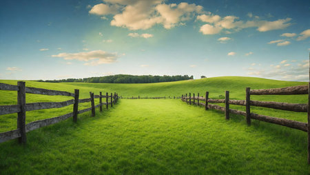 Wooden fence on green pastureの素材