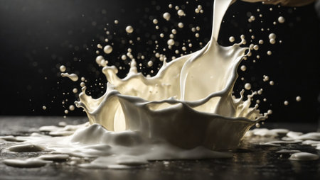 Illustration of milk spilling on a surface on a dark backgroundの素材