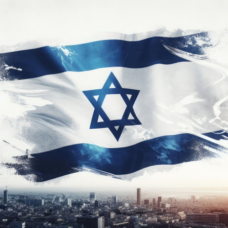 Israeli flag in the background of the city.の素材