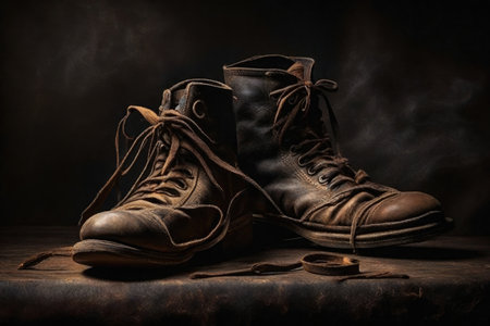 Old, worn out men's shoes close-up on a dark background.の素材