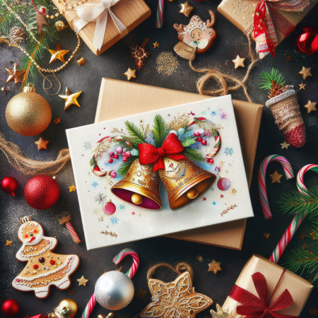 A beautiful Christmas card among the holiday decorations.の素材